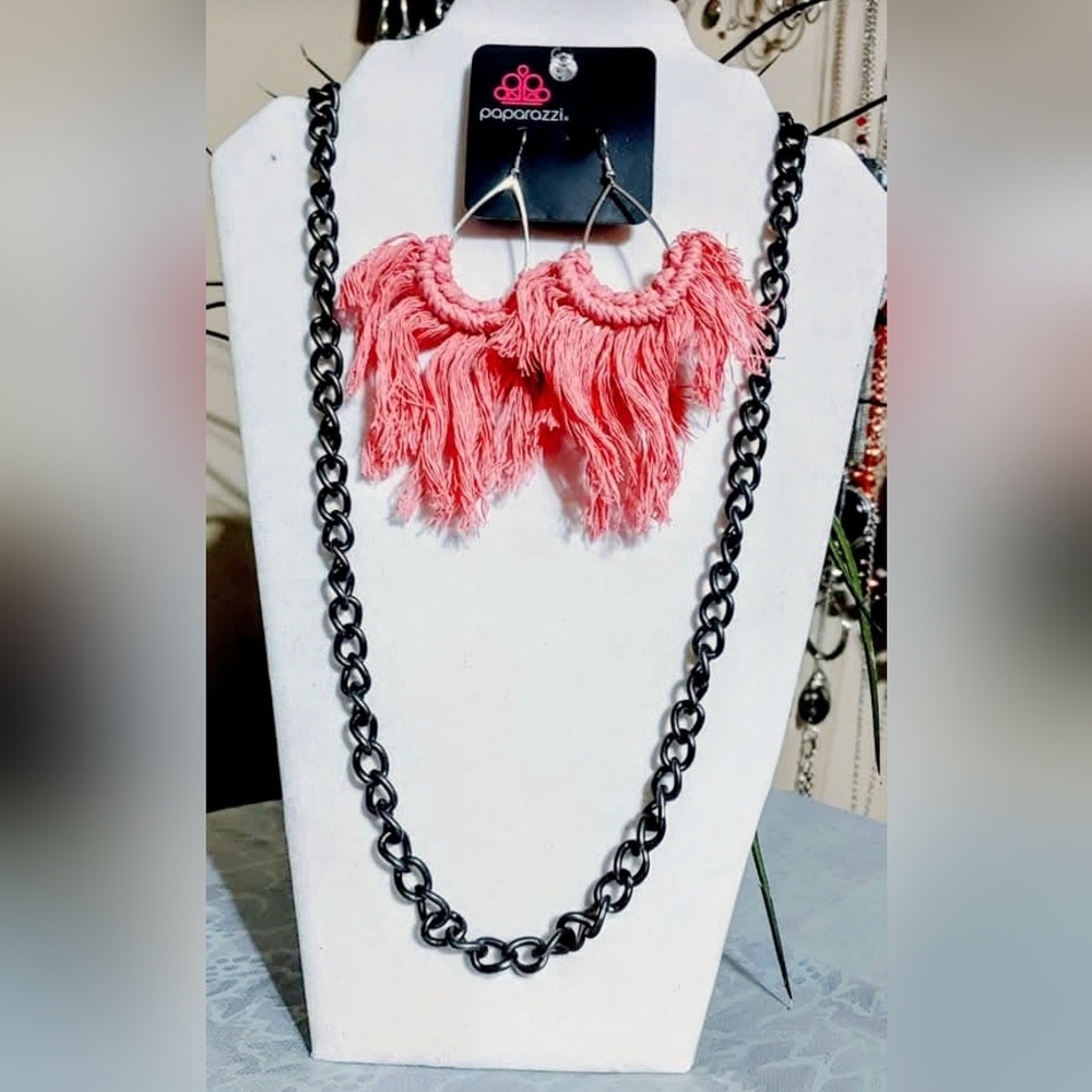Paparazzi Coral Fringe Earrings and Charcoal Chain Necklace